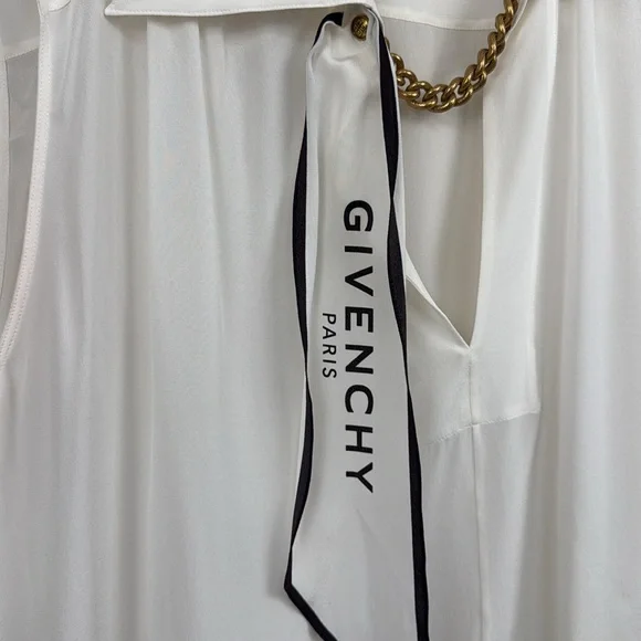 GIVENCHY white silk logo scarf collared sleeveless blouse fr 42 /USA 10 - Picture 5 of 16